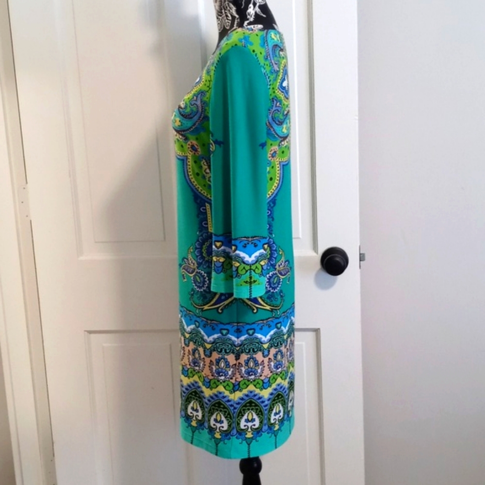 🦚Ronni Nicole🦚 - Green/Turquoise Paisley Stretch Sheath Dress - Picture 7 of 13